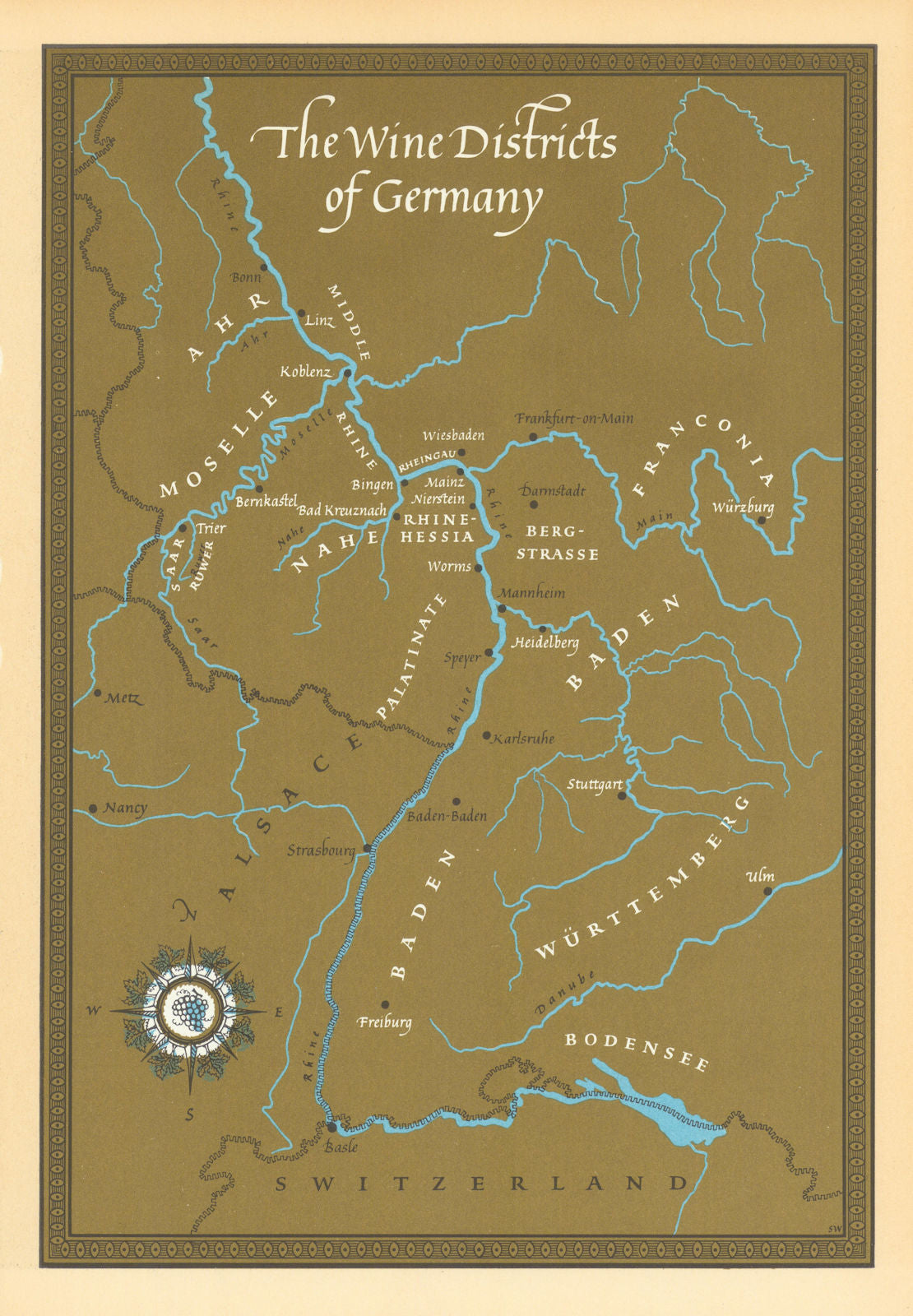 The wine districts of Germany by Sheila Waters & André Simon 1963 old map